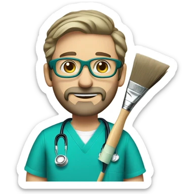 male dark blond with grey beard doctor with blue-green eyes and wire glasses in teal scrubs holding a paintbrush and a paint palette sticker