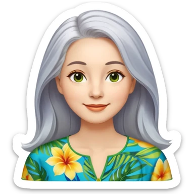 A woman with light complexion, an oval face with soft rounded features, full cheeks, gentle almond-shaped eyes with subtle smile lines, very long silver-gray hair parted to the side and styled loosely, wearing a vibrant tropical print blouse in blue, green, and yellow, exuding warmth and joy sticker