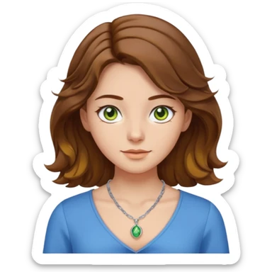 girl with brown, wave, middle hair, green- yellow eyes in white top with blue blouse and selver necklace sticker