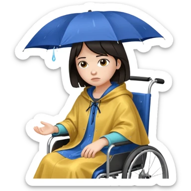 Girl with dark hair  in a wheelchair with rain poncho sad  sticker