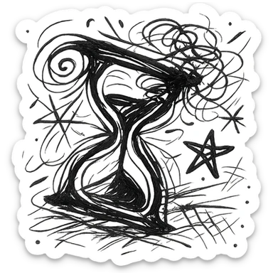 chaotic black outlined icon of an hourglass turning over, bold irregular lines, dynamic and artistic aesthetic sticker
