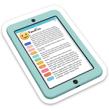Create an emoji representing fanfiction writing. The design should feature a digital device tablet with visible text, symbolizing the creative process of writing fanfiction. Add a subtle reference to popular fictional characters or universes to indicate the fan aspect. Use a playful, imaginative color palette, blending vibrant tones with soft neutrals. Do not include any emojis or smiley faces. Make the background transparent. sticker