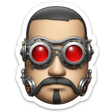 Fat cyborg head with red silver steampunk goggles, black beard and circuits sticker