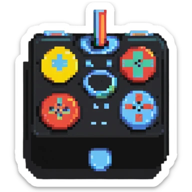 A modern fighting game joystick with multiple buttons in colorful pixel art sticker
