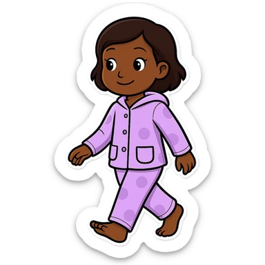 Create an image of a girl walking in pajamas with brown skin in the style of sticker, with no background. The style is sticker but fallback to general for editing as sticker style does not support editing. sticker
