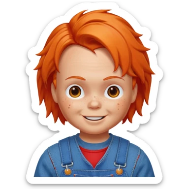 Chucky doll emoji smiling with freckles, orange hair, blue overalls, apple style emoji sticker