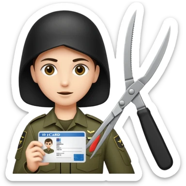 black Scissors cutting an idf soldier ID card in 2 parts .hyper realistic sticker