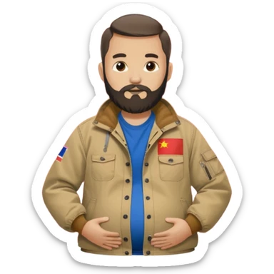 Bearded man rubbing pregnant belly poking out of a chinese flag shirt wearing a tan canvas carhartt jacket sticker