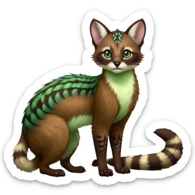 Colorful dark chocolate-brown tropical beige, white fur, with green eyes, iridescent glorious divine exotic cute cool beautiful shiny beautiful fantasy-caracal-civet-genet-sergal-vernid-Cacomistle-oncilla-animal-Fakémon-hybrid-fursona with pattern markings (full body) sticker