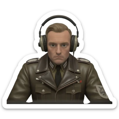 German secret police officer, Stasi, old headphones, surveillance process sticker