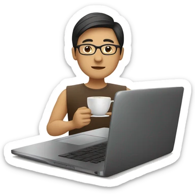 a asian human wear glasses is working on a laptop with a cup of coffee sticker
