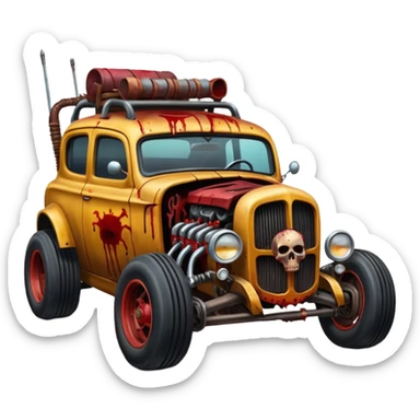 A mad max style hot rod in a zombie apocalypse, driving to the left. In the style of your bleeding skull art sticker