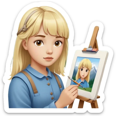 young painter with blond hair and bangs girl  draws copy from life in the mountains sticker