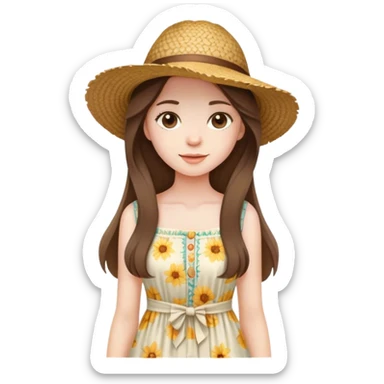 beautiful pale brunette girl with long hair in a summer dress and straw hat sticker