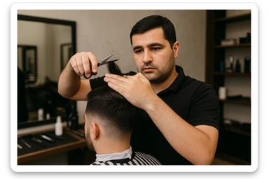 shu odamni sartaroshxonada mijozlarni sochini olayotganin  tasvirlab ber juda yosh ham katta ham bo'lmasin semiz ham bo'lib ketmasin o'smirin davrini yuzi ko'rinmasin sticker