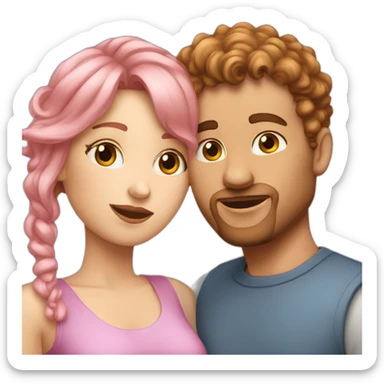 white woman with pink straight hair kissing with a white man with curly brown hair sticker