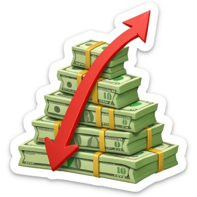 a pile of money with red arrow up sticker