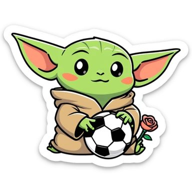 baby yoda holding soccer ball with roses sticker