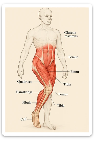 Create an educational anatomical illustration highlighting the leg that supports the body weight. Emphasize the muscles and bones involved in weight bearing with clear anatomical detail. The highlighted leg should stand out distinctly from the rest of the body, using a clear educational style inspired by the reference photo. sticker