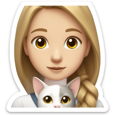 A girl with light brown hair and gray eyes hugs a white cat sticker