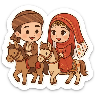 cartoon sticker of Kurdish bride and groom in traditional clothing, each separately riding a horse, both in the same frame and scene like an old Kurdish wedding ceremony, joyful and colorful, no text, suitable for WhatsApp and Instagram, transparent background sticker