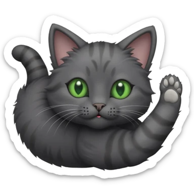 solid dark grey cat with green eyes, completely solid grey face, white toes/paws playing rolling upside down sticker