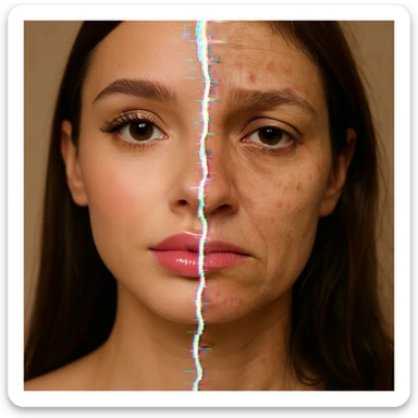 A split portrait: left side is an idealized, airbrushed influencer face with big eyes, smooth skin, and glossy lips; right side is a tired, natural face with visible imperfections and a sad expression. A digital glitch crack divides the two halves. sticker