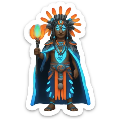 Tribal shaman in the robe and staff in black blue and orange neon colors sticker
