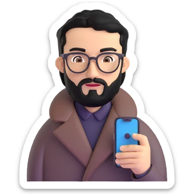 professional man with medium black beard, neat black hair, connected unibrow, olive tan skin, brown eyes, glasses, prominent nose, wearing a black coat, holding a smartphone sticker