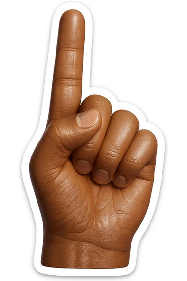 Edit the image of a hard, shiny plastic figurine hand to have a slightly darker skin tone. Add hyper-realistic details including visible fingernails, subtle wrinkles, and realistic skin texture. The hand should be pointing upwards with the pointer finger extended. Keep the hard, shiny plastic figurine look. No background. sticker