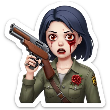 Survivor firing shotgun at zombie, flying blood, intense expression, dark style, no background










 sticker