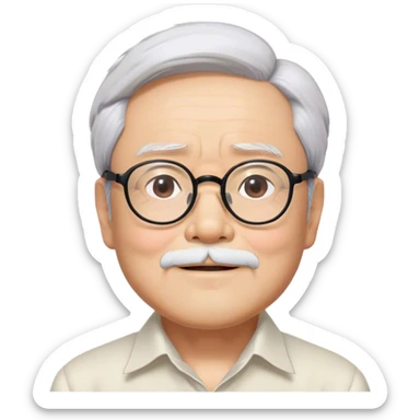 ​Cinematic Realistic Portrait of Hayao Miyazaki, depicted with defined black eyebrows, and large rectangular glasses, his happy expression rendered in lifelike detail, illuminated with soft, realistic lighting that emphasizes his creative genius, sticker
