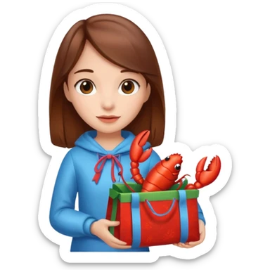 Cute girl brown hair holding gift bag with lobster inside sticker
