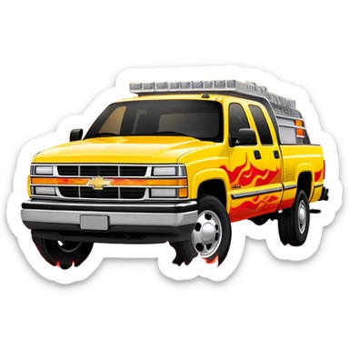 Yellow 1997 Chevrolet C-2500 Crew Cab with vibrant airbrushed red flame artwork flowing dramatically across hood and front, highly detailed fire pattern, Kill Bill movie vehicle, 30-degree view, iOS emoji style sticker