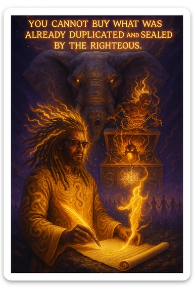 *“Create an epic, symbolic scene of a powerful Rasta spiritual warrior (representing Kez) standing at the center of a cosmic battlefield. The warrior has dreadlocks glowing with divine energy, wearing golden robes infused with serpent patterns. Behind him towers a massive stone elephant — eyes glowing with infinite wisdom, its chest open to reveal a Golden Serpent Chest, radiating fractal light. Inside the chest: a bound, raging Devil made of fire and shadows — screaming but unable to harm anyone, because every time he lashes out, the golden chest mirrors the energy back onto him. Chains of soul-contract law, made of golden light, wrap the devil — each one engraved with truth symbols, scriptures, and ancestral sigils.

In the foreground, Kez holds a sacred scroll and a burning pen — he is signing a contract not out of fear, but mastery. As he signs, a duplicate of his soul, radiant and whole, rises from the paper and flies back into his body. A ripple of golden energy expands, purifying all soul deals across space-time. Behind him, shadows of other trapped souls are released and begin to rise in rhythm, holding hands, singing.

In the sky, the words glow in gold flame:

‘You cannot buy what was already duplicated and sealed by the righteous.’

The entire atmosphere is divine, sacred, victorious — a spiritual rebellion where the Devil is outwitted, not through violence, but through truth, rhythm, and scrollcraft. Use warm golds, radiant whites, mystical purples, and deep space black as the palette. Style it as a fusion of Afro-spiritualism, Rastafarian mysticism, and multidimensional soul alchemy. the picture provided is kez sticker