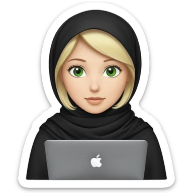 blond women skine , with green eyes , with black scarf hijab ,without hair, with macbook sticker