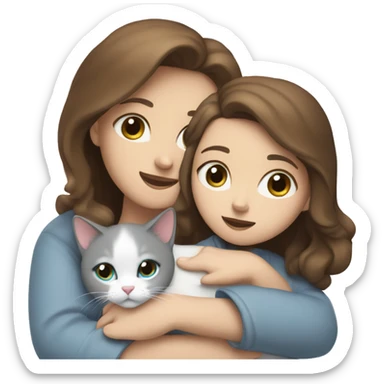 A girl with brown hair and blue eyes hugs a white-gray cat sticker