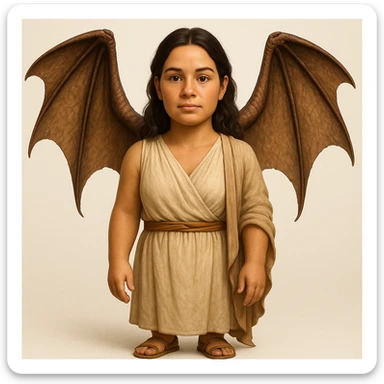 Make this woman hyperrealistic but still in emoji style, wearing an ancient ordinary outfit and realistic dragon wings. Blend hyperrealistic details with the simplicity of an emoji style for the overall look. sticker