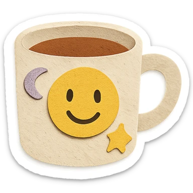 coffee cup with pastel moon and star doodles, smiling face, hand-drawn style sticker