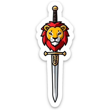 gold colored long sword with deep red handle and a gold lion on the end of the handle sticker