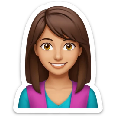 30 yr old middle eastern woman straight brown hair side bangs big smile tanned skin brown eyes colorful clothes sticker