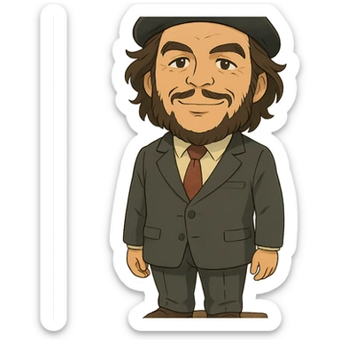 statuette of Che Guevara in a suit and tie, big head, confident smile, ghibli style sticker