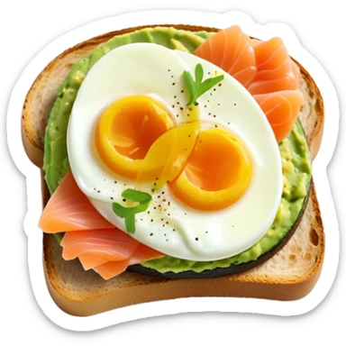 mashed avocado on sourdough toast with soft boiled egg and smoked salmon sticker