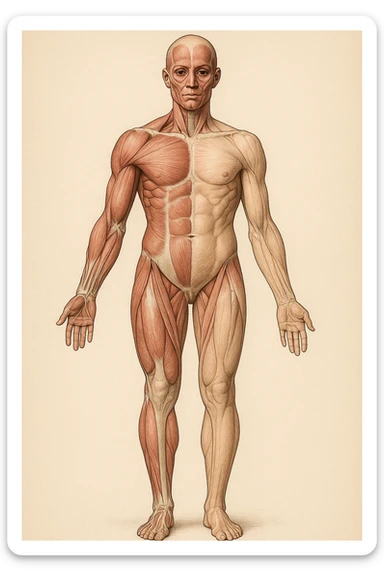 Anatomical style illustration showing a human body with muscles less developed on one side due to asymmetries, highlighting the muscular difference between the two sides, variant 5. sticker
