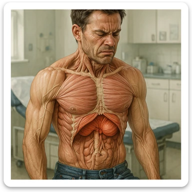 hyper realistic detailed image of a male diaphragm blocked due to stress, anatomical evidence, tense muscles, clinical atmosphere, medical environment, natural colors sticker