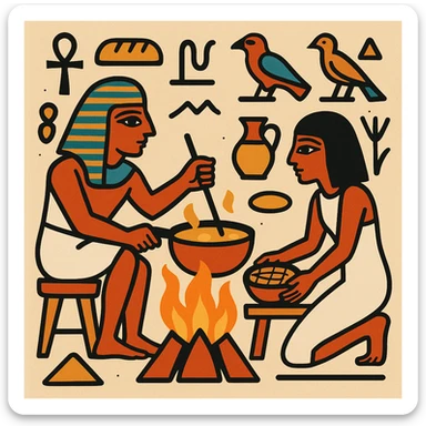 ancient Egyptian cooking scene in hieroglyphic style sticker
