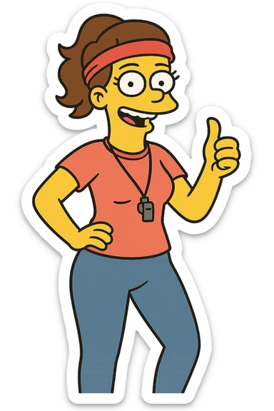 Simpsons-style gym trainer, yellow skin, red headband, blue leggings, giving a thumbs up sticker