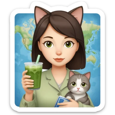 a brunette woman in here 30S drinking an iced matcha, carrying a grey cat and a map of the world sticker