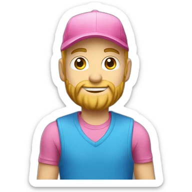 a guy in a pink shirt, blond, with a short beard in a blue cap, sticker