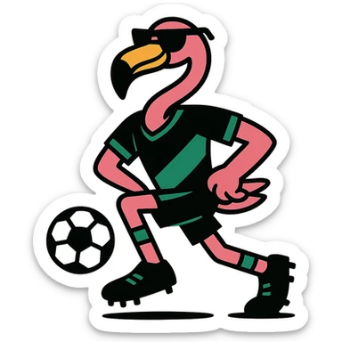 flamingo soccer player in sunglasses and a black and green jersey sticker